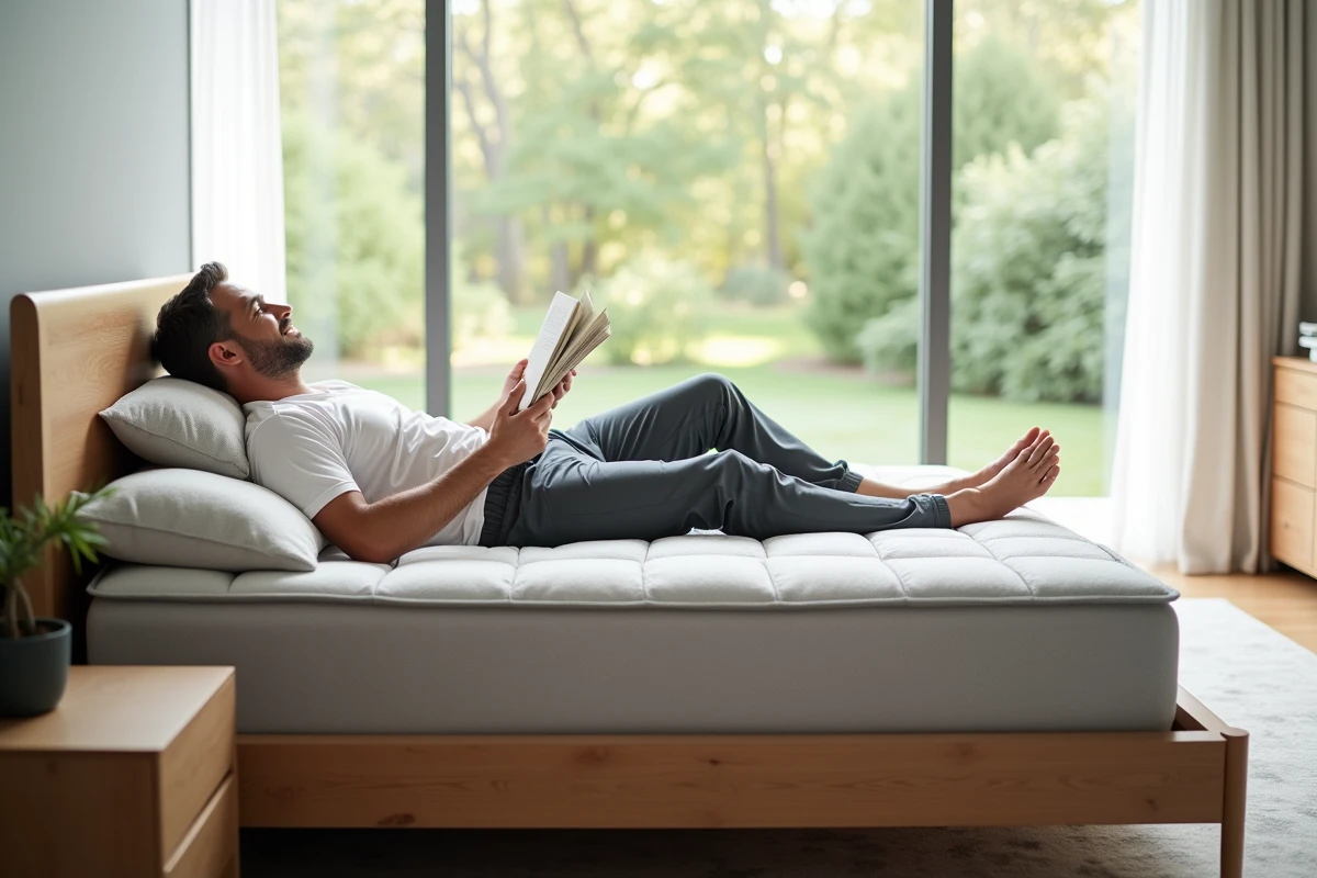 Homme lisant sur un matelas dans une chambre lumineuse