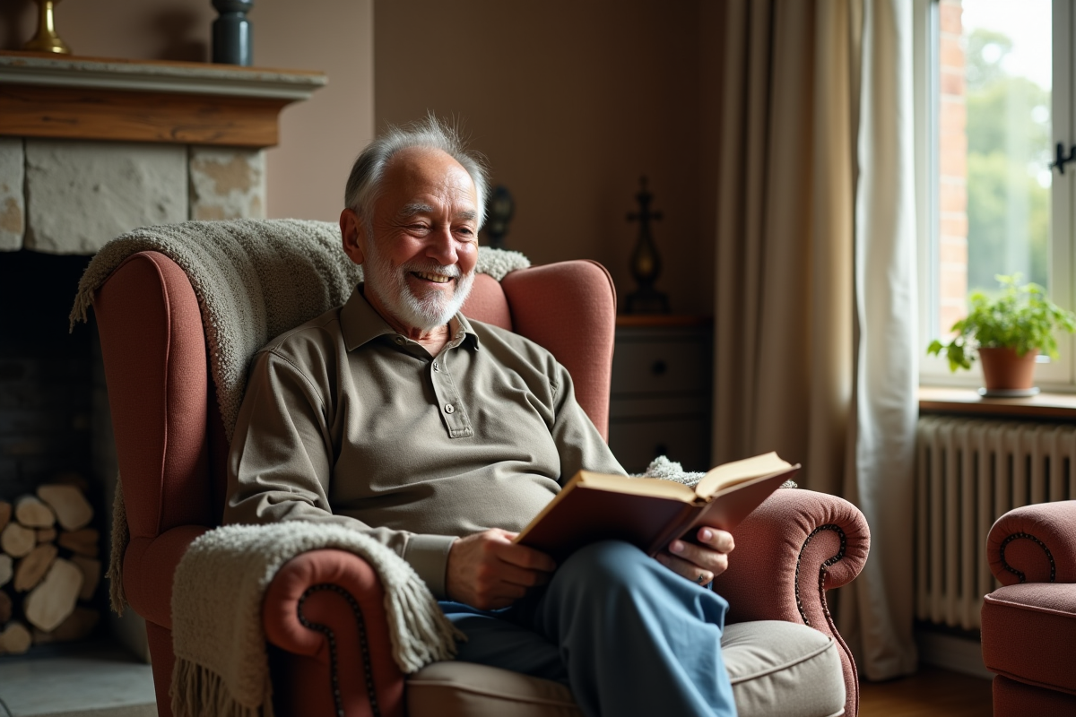 Homme âgé lisant un livre dans un salon chaleureux