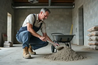 Ouvrier en tenue de travail mesure un mélange sec sur un chantier