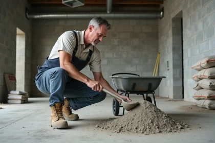 Ouvrier en tenue de travail mesure un m&eacute;lange sec sur un chantier