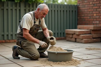 Homme moyen âge préparant du mortier dans le jardin
