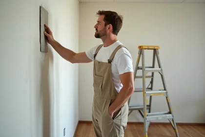 Homme peintre lisse un mur dans un appartement