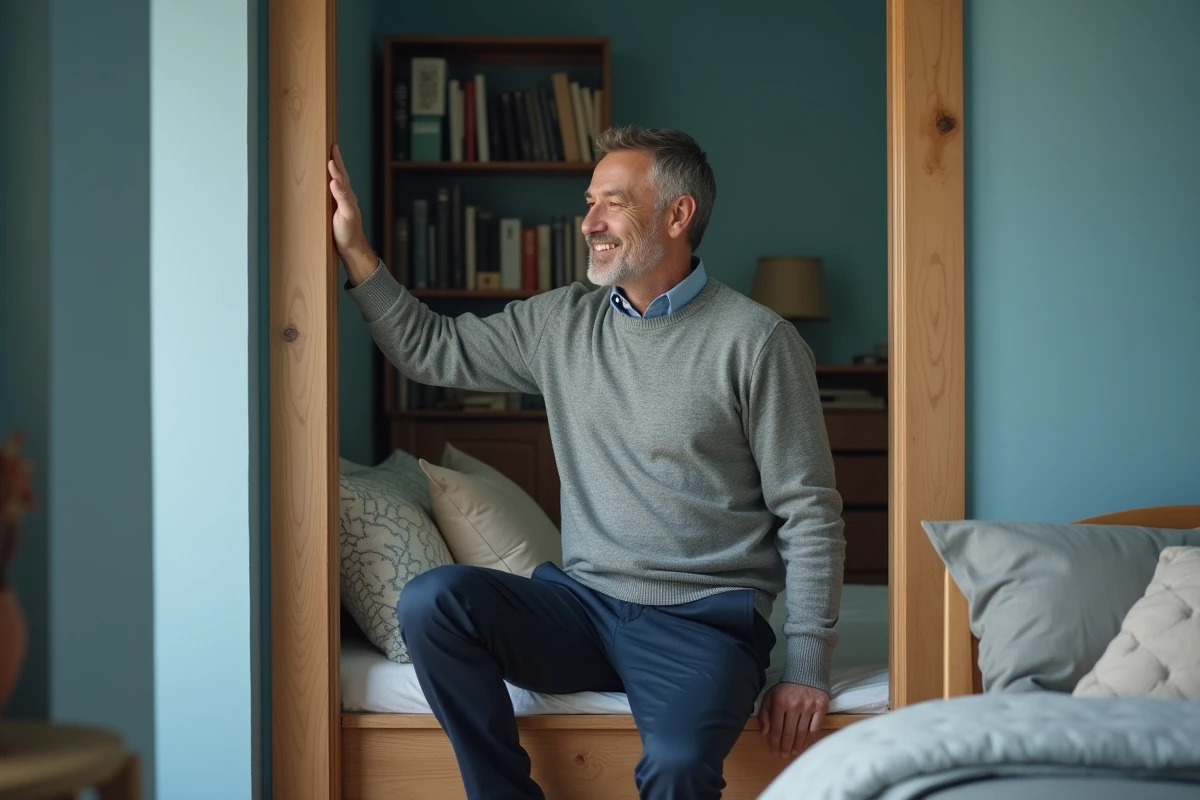 Homme appréciant la peinture bleue dans une chambre chaleureuse
