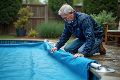 Homme d'âge moyen pose une couverture de piscine extérieure
