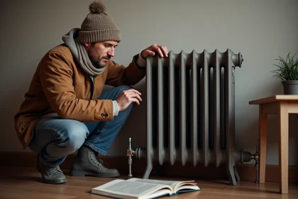 Homme d'&acirc;ge moyen v&eacute;rifiant un radiateur en salon cosy
