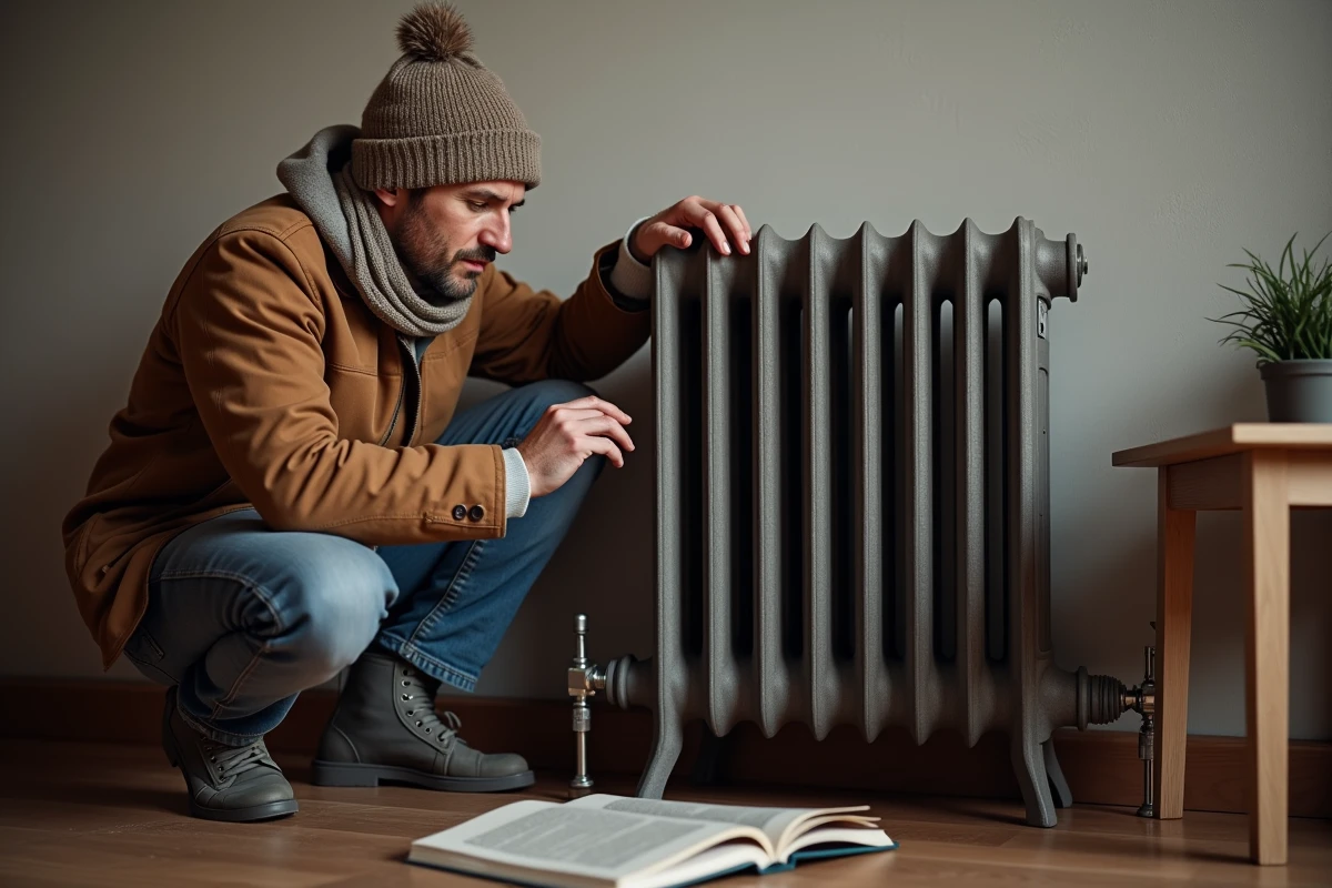 Homme d'âge moyen vérifiant un radiateur en salon cosy