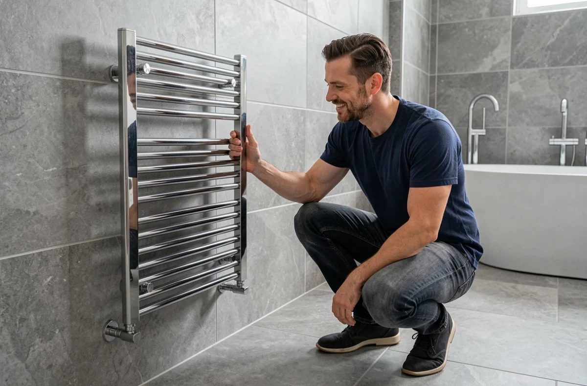 Homme inspectant un radiateur Hudson Reed installé dans une salle de bain rénovée contemporaine