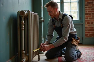 Homme en salopette mesurant un radiateur ancien dans un appartement