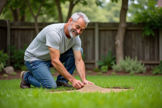 Homme en jeans et t-shirt semant des graines dans le jardin