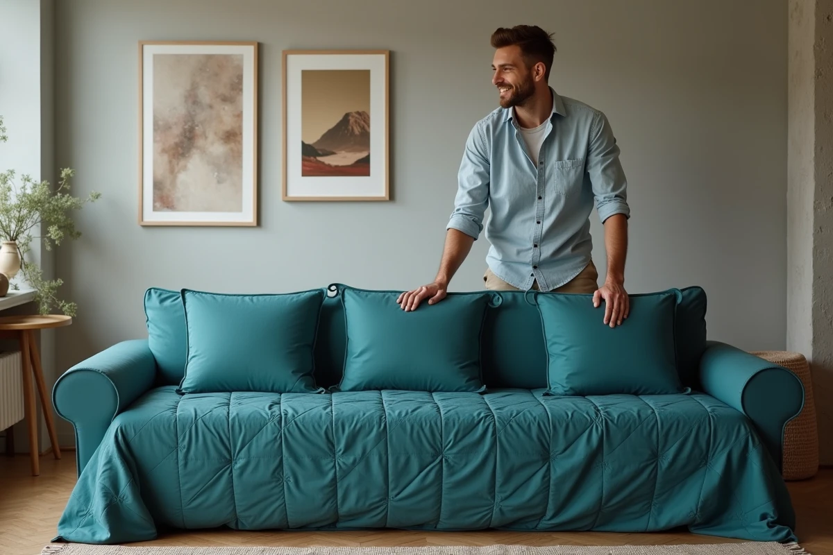Homme ajustant une housse de clic clac en tissu teal