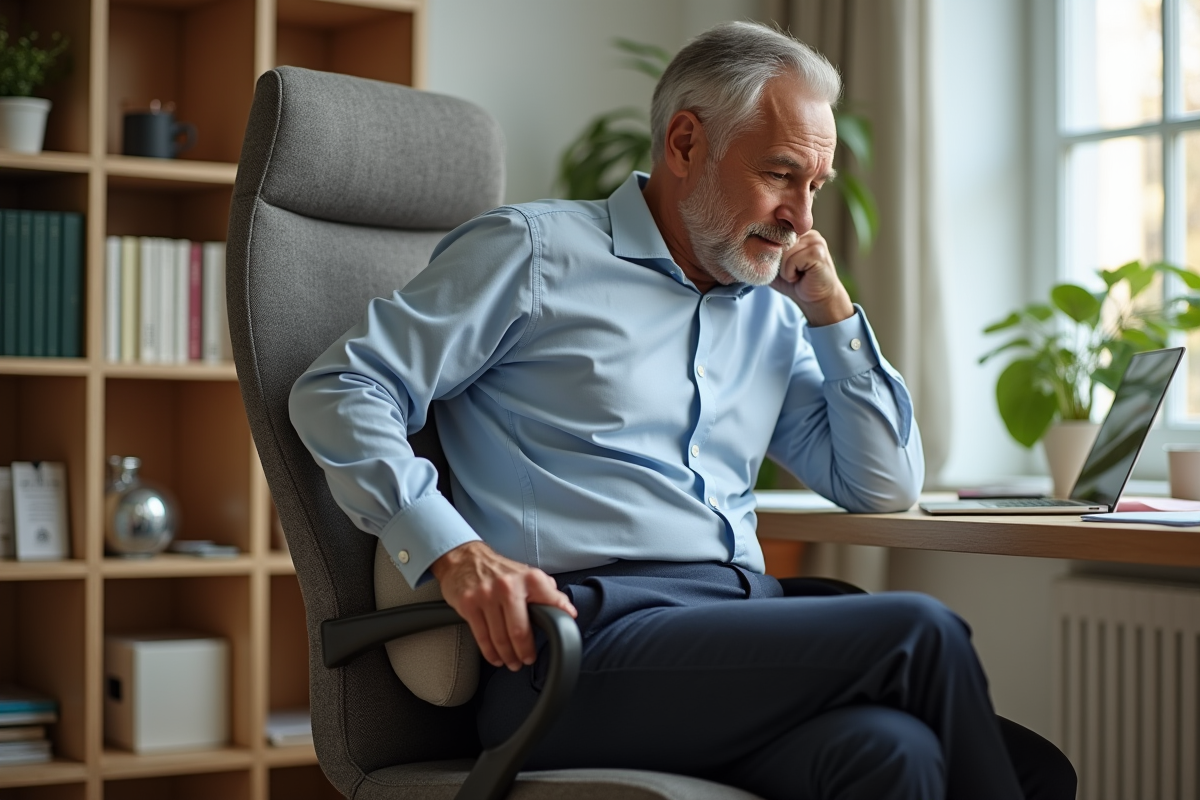 Homme ajustant un coussin lombaire dans un bureau à domicile