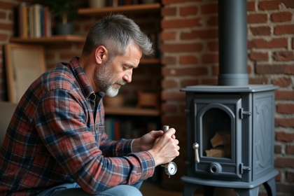 Homme posant un thermometre sur un poele en bois dans un salon cosy
