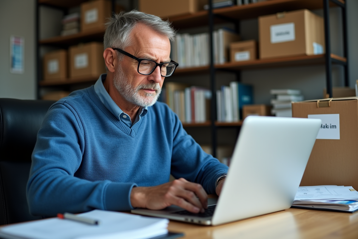 Homme d age travaillant sur un ordinateur pour un changement d adresse