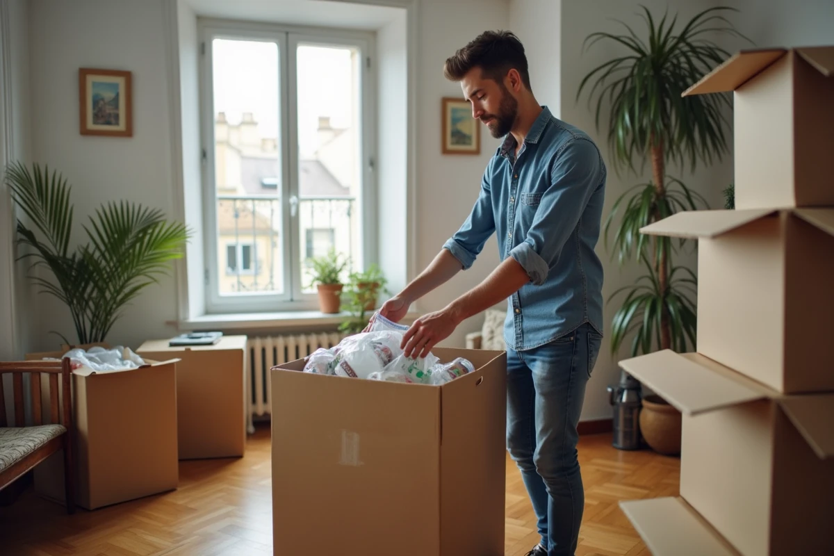Jeune homme triant des recyclables dans son appartement