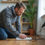 Homme d'âge moyen vérifiant un compteur électrique dans un salon