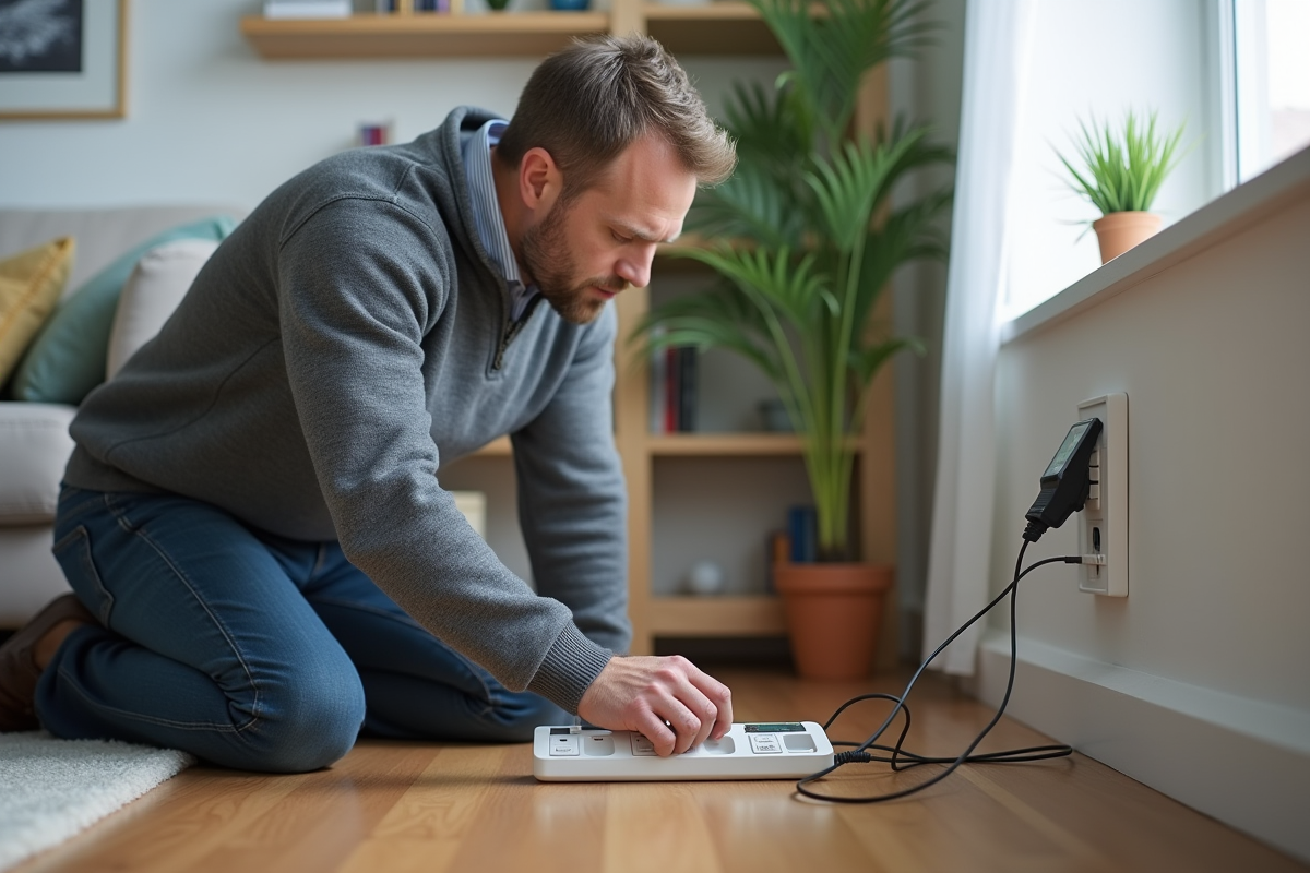 Homme d'âge moyen vérifiant un compteur électrique dans un salon
