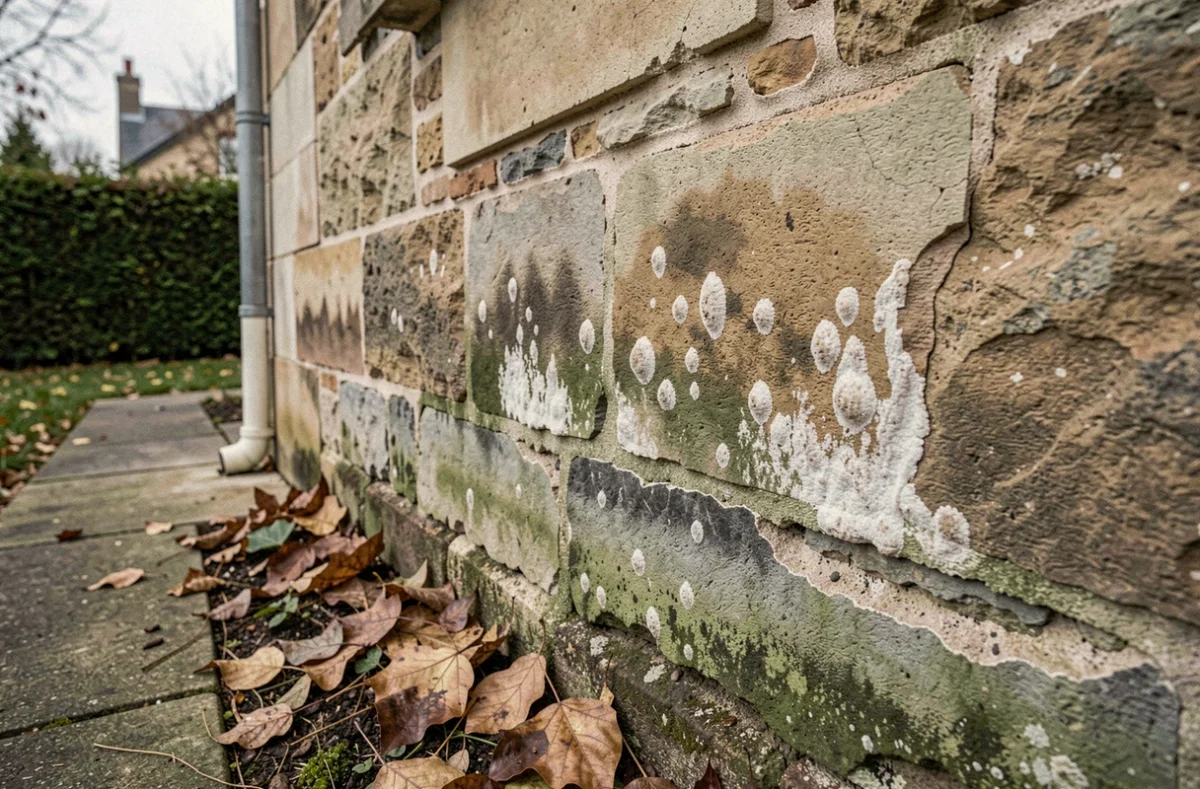 Mur extérieur en pierre avec traces d'humidité ascensionnelle, efflorescence et moisissures visibles en bas du mur