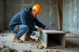 Ingénieur en bâtiment mesurant un profilé IPN en acier posé sur un plancher bois dans un chantier de rénovation résidentielle