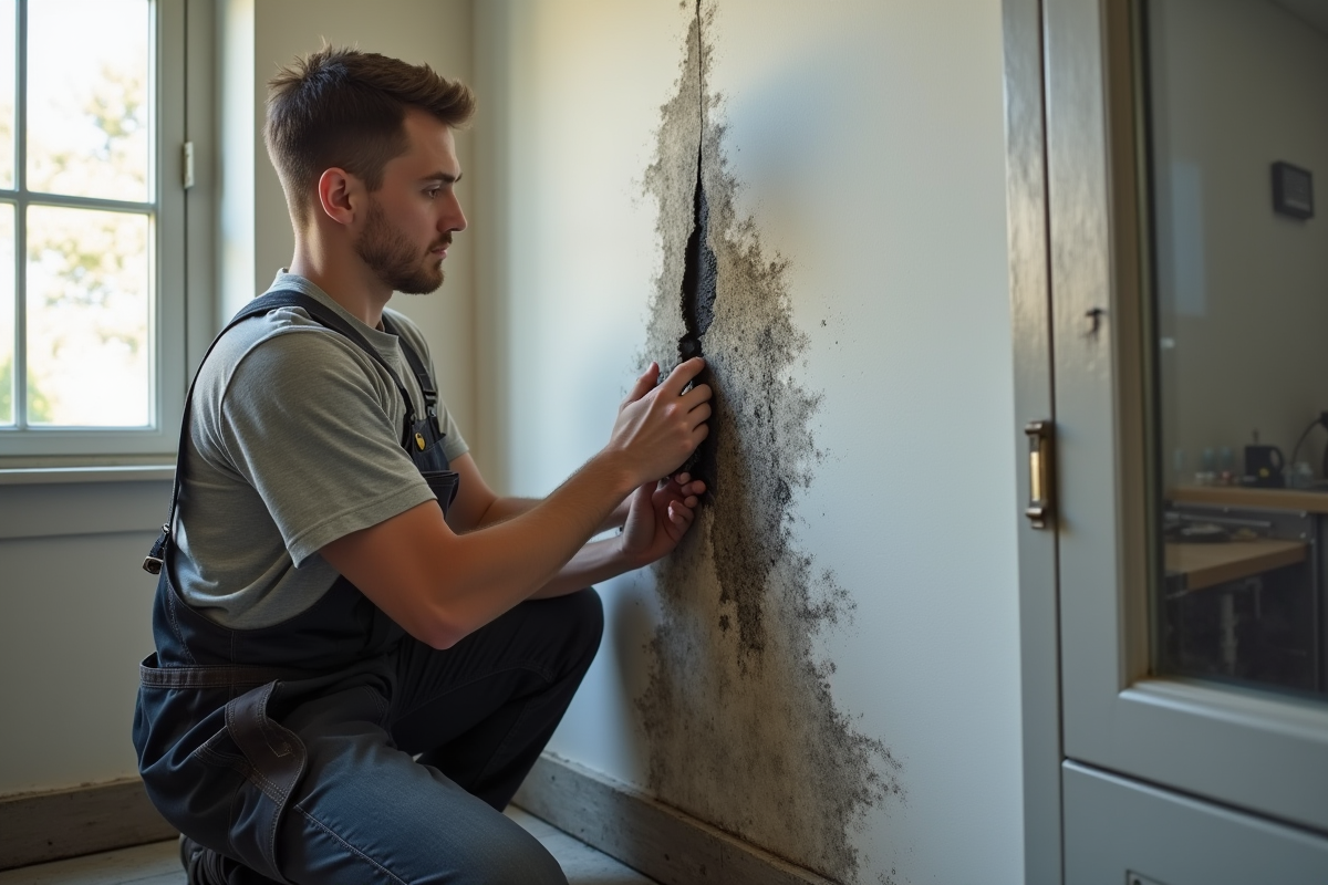 Jeune technicien inspectant de la moisissure noire sur un mur extérieur