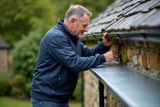 Homme inspectant une gouttière zinc sur une maison ancienne