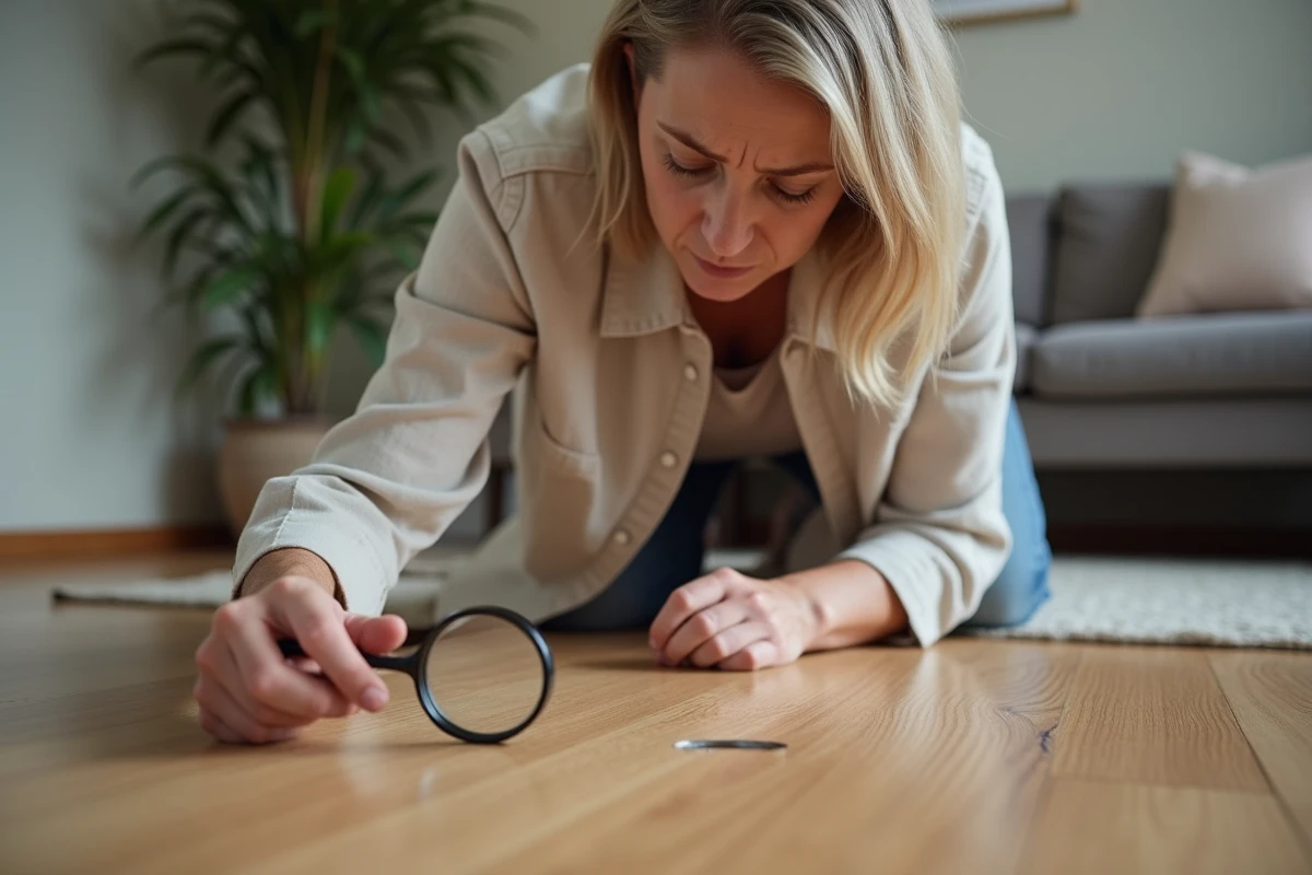 Femme inspectant des trous de mites du bois dans un parquet en chêne d'appartement avec une loupe