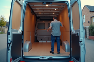 Personne inspectant l'espace de chargement d'un van propre de location