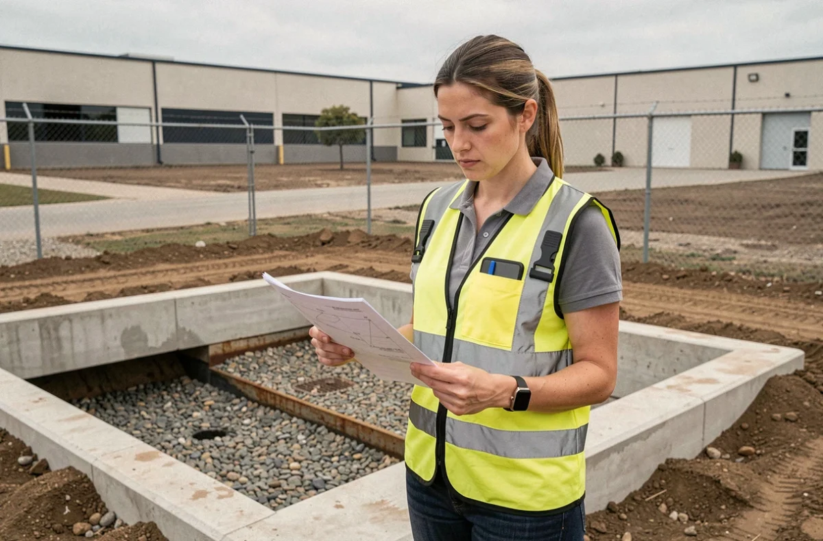 Inspectrice en conformité environnementale examinant un bassin d'infiltration eaux pluviales avec documents réglementaires en zone périurbaine