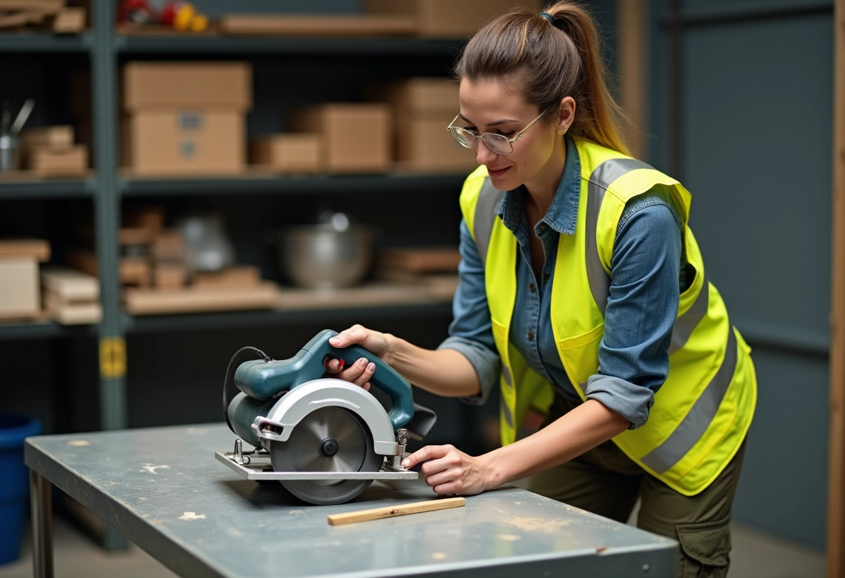 Femme inspectant une scie circulaire dans un atelier intérieur