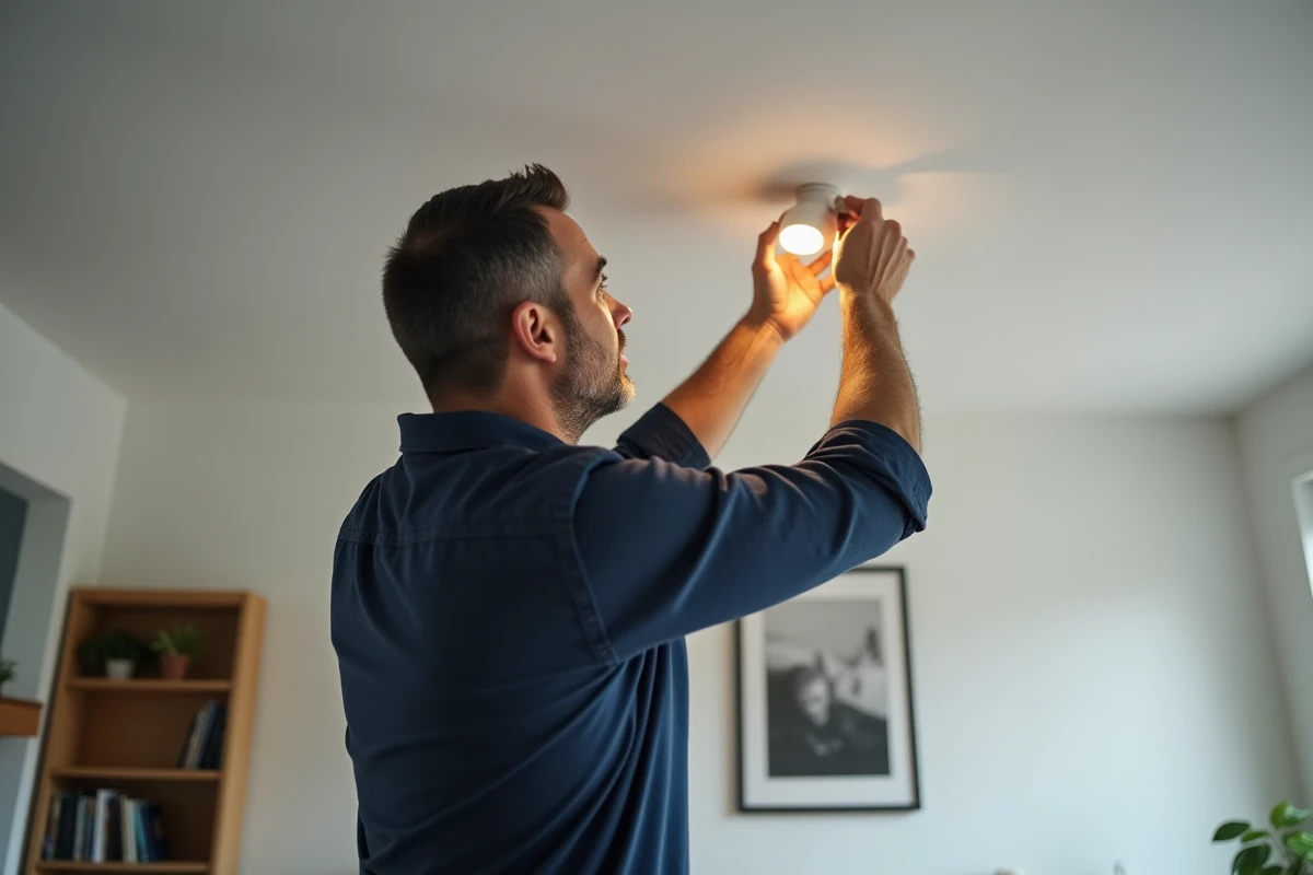 Homme installant une ampoule spot dans un salon moderne