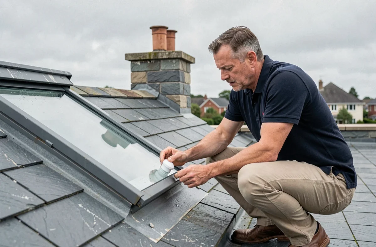 Homme installant un capteur de pluie Velux sur un toit en ardoise lors d'une journée nuageuse