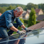Homme installant des panneaux solaires sur un toit résidentiel
