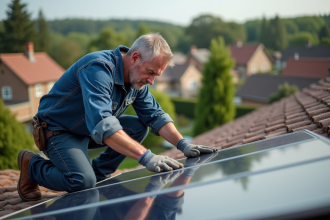 Homme installant des panneaux solaires sur un toit résidentiel