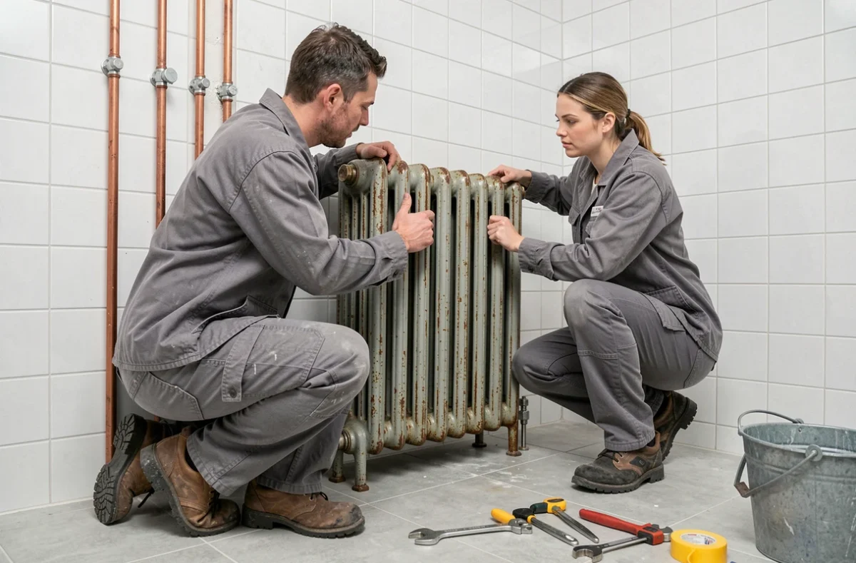 Deux plombiers installant un radiateur en fonte d'occasion dans une salle de bain en cours de rénovation