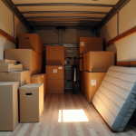 Intérieur d'un camion de déménagement bien organisé avec cartons et meubles