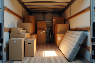 Intérieur d'un camion de déménagement bien organisé avec cartons et meubles