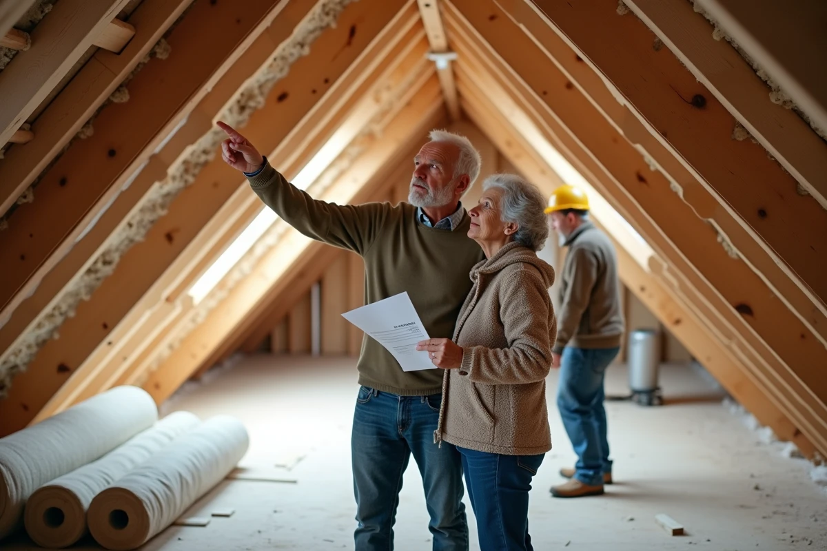 Couple supervisant des travaux d'isolation des combles avec un artisan dans leur maison