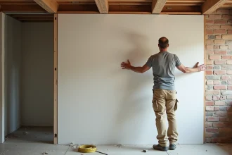 Artisan posant un panneau d'isolation thermique rigide sur un mur intérieur en briques lors de travaux de rénovation