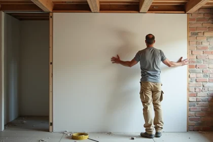 Artisan posant un panneau d'isolation thermique rigide sur un mur intérieur en briques lors de travaux de rénovation