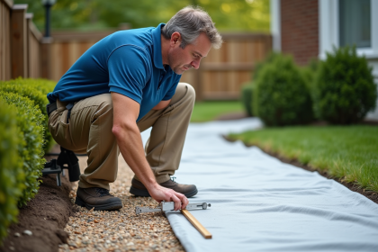 Homme paysagiste mesurant gravier dans le jardin