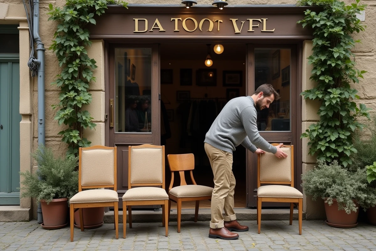 Jeune homme arrangeant des chaises dans une brocante bretonne