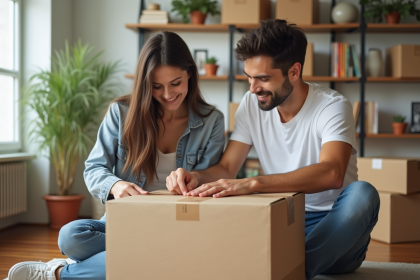 Jeune couple organisant leur déménagement dans un appartement lumineux