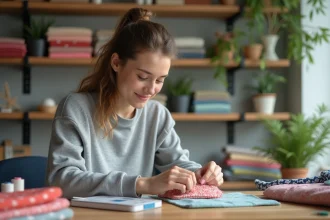 Jeune femme cousant une petite pochette en tissu dans la cuisine