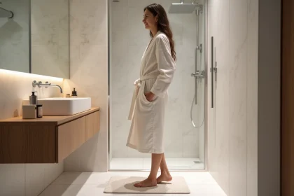 Jeune femme sur un tapis en diatomite dans une salle de bain moderne