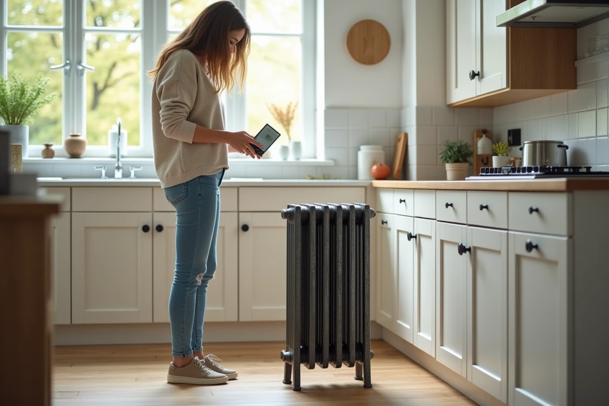 Jeune femme pesant un radiateur en m&eacute;tal dans une cuisine moderne