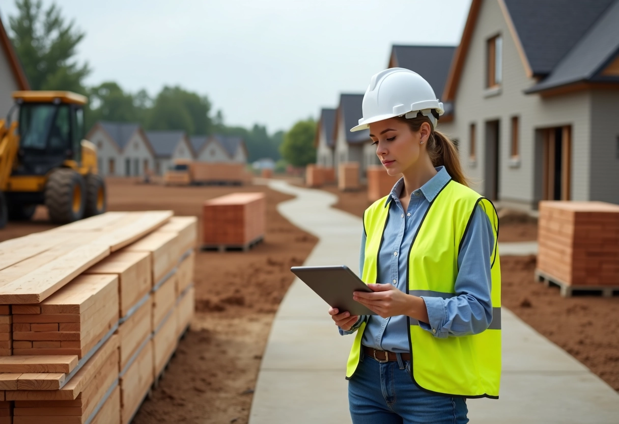 Jeune femme gestionnaire de chantier sur site de construction