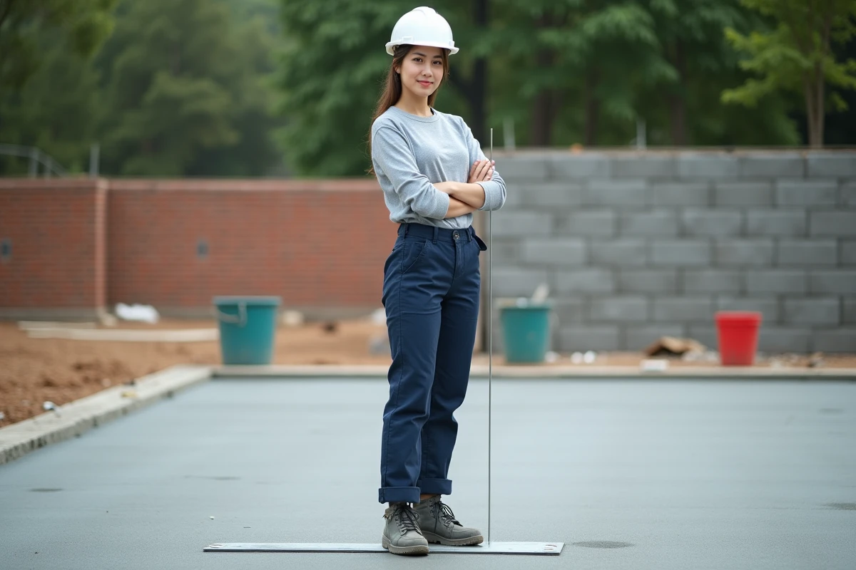 Jeune femme contr&ocirc;le la plan&eacute;it&eacute; du screed en ext&eacute;rieur