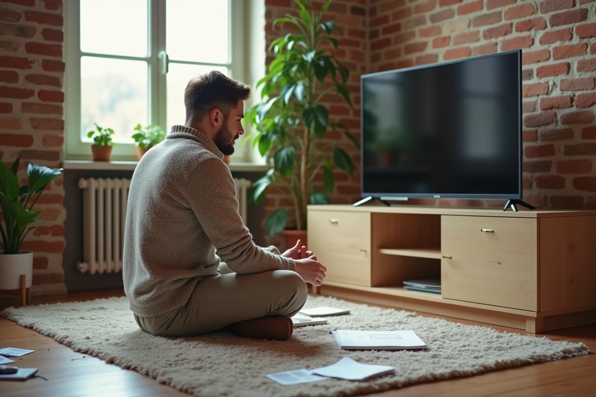 Jeune homme assemble un meuble TV dans un salon cosy