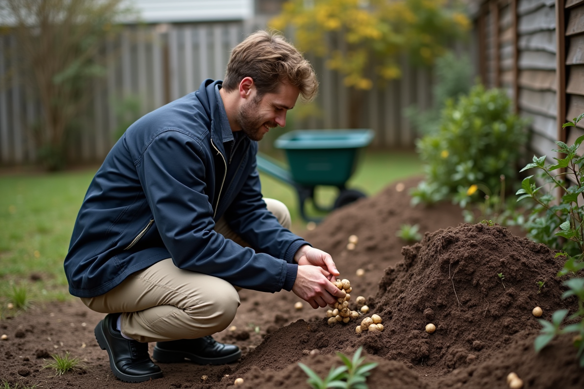 Jeune homme ajoutant des pommes de terre pourries dans un compost de jardin