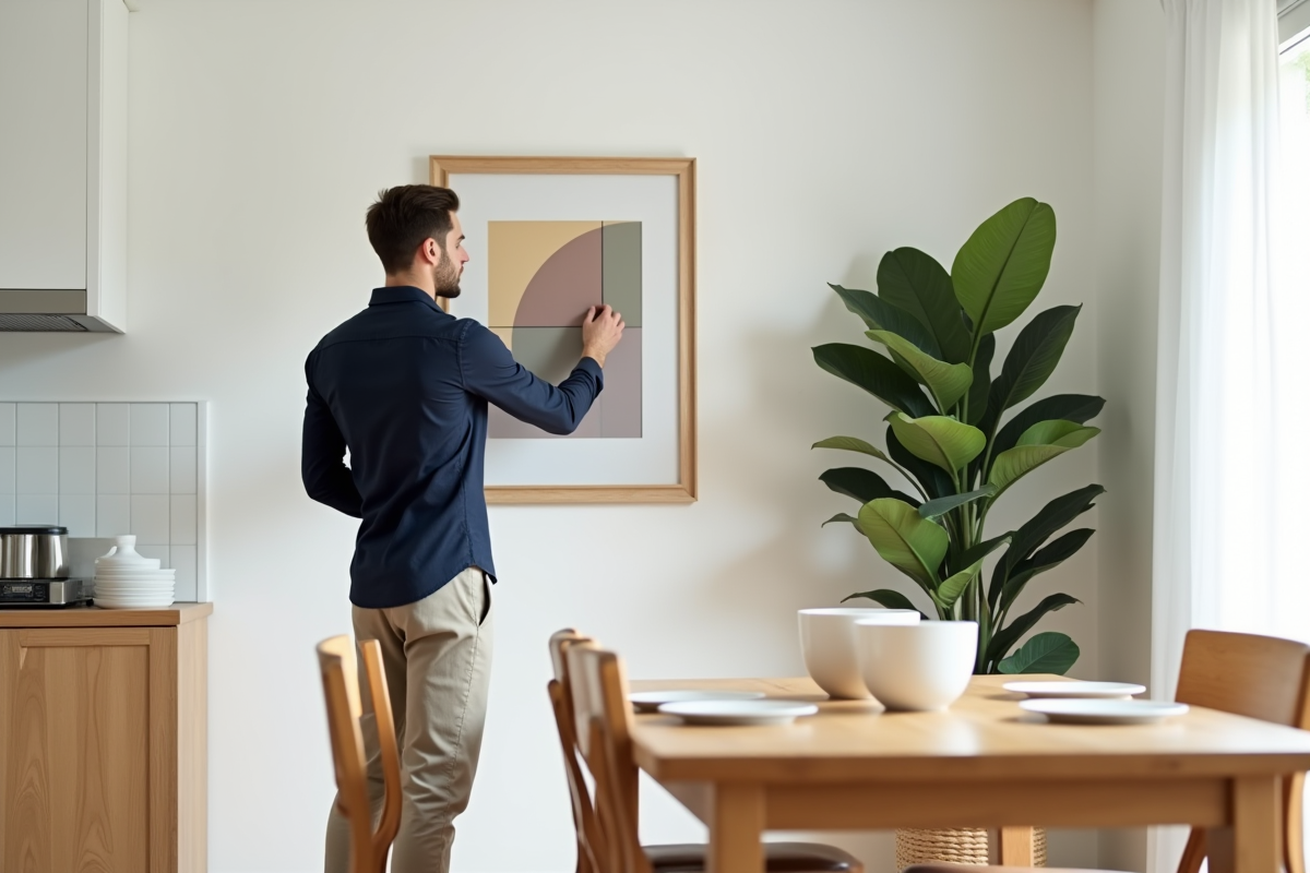 Jeune homme accrochant tableau abstrait dans salle à manger lumineuse