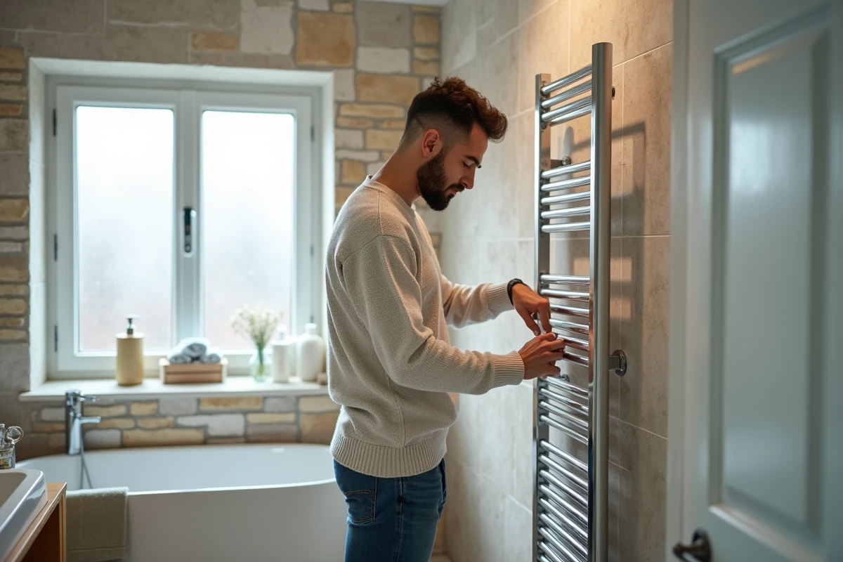 Jeune homme inspectant un radiateur dans la salle de bain